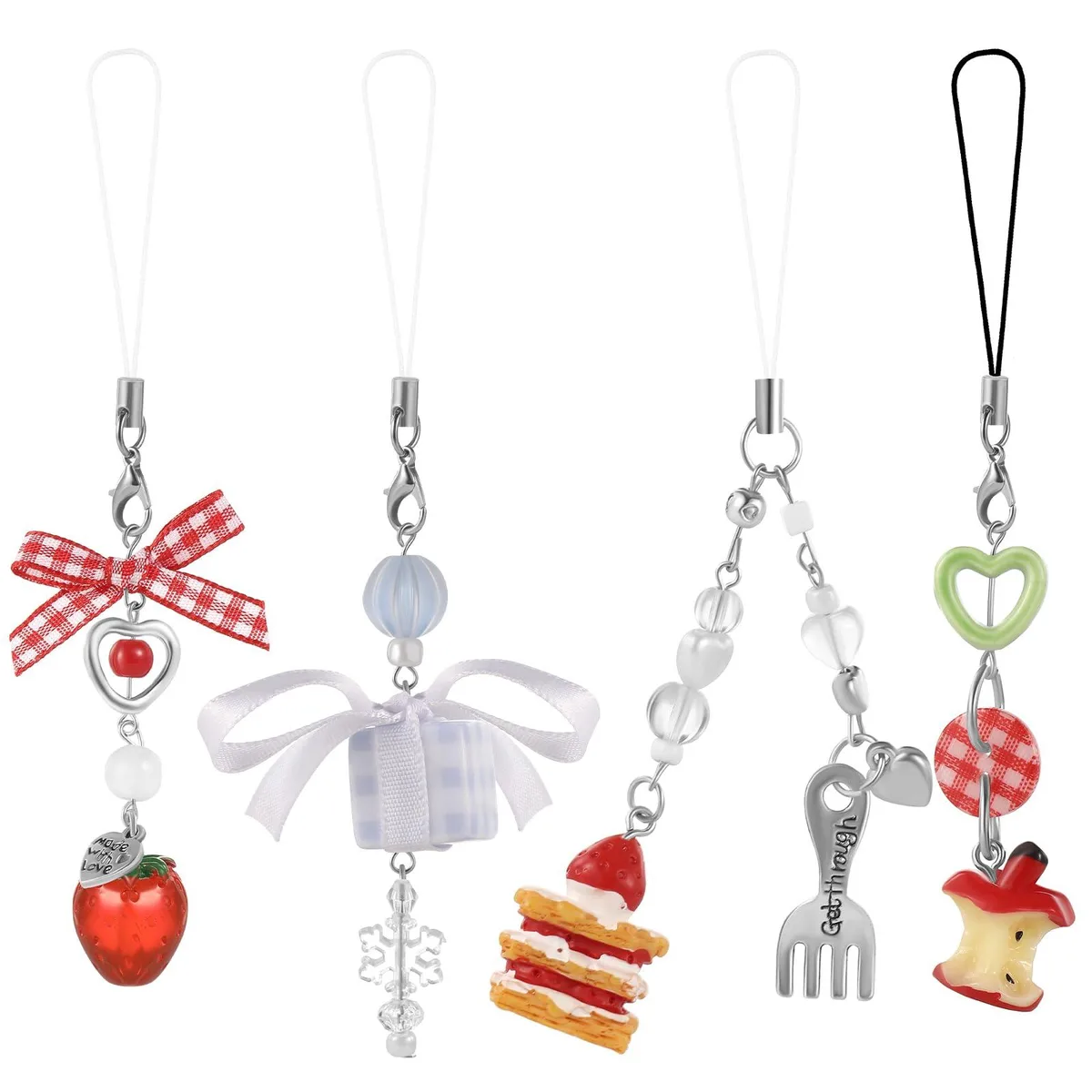  Viator Gear Phone Charms 4pcs Y2K Snowflake Apple Core Cake Strawberry Keychain Wallet Pendant — product photo