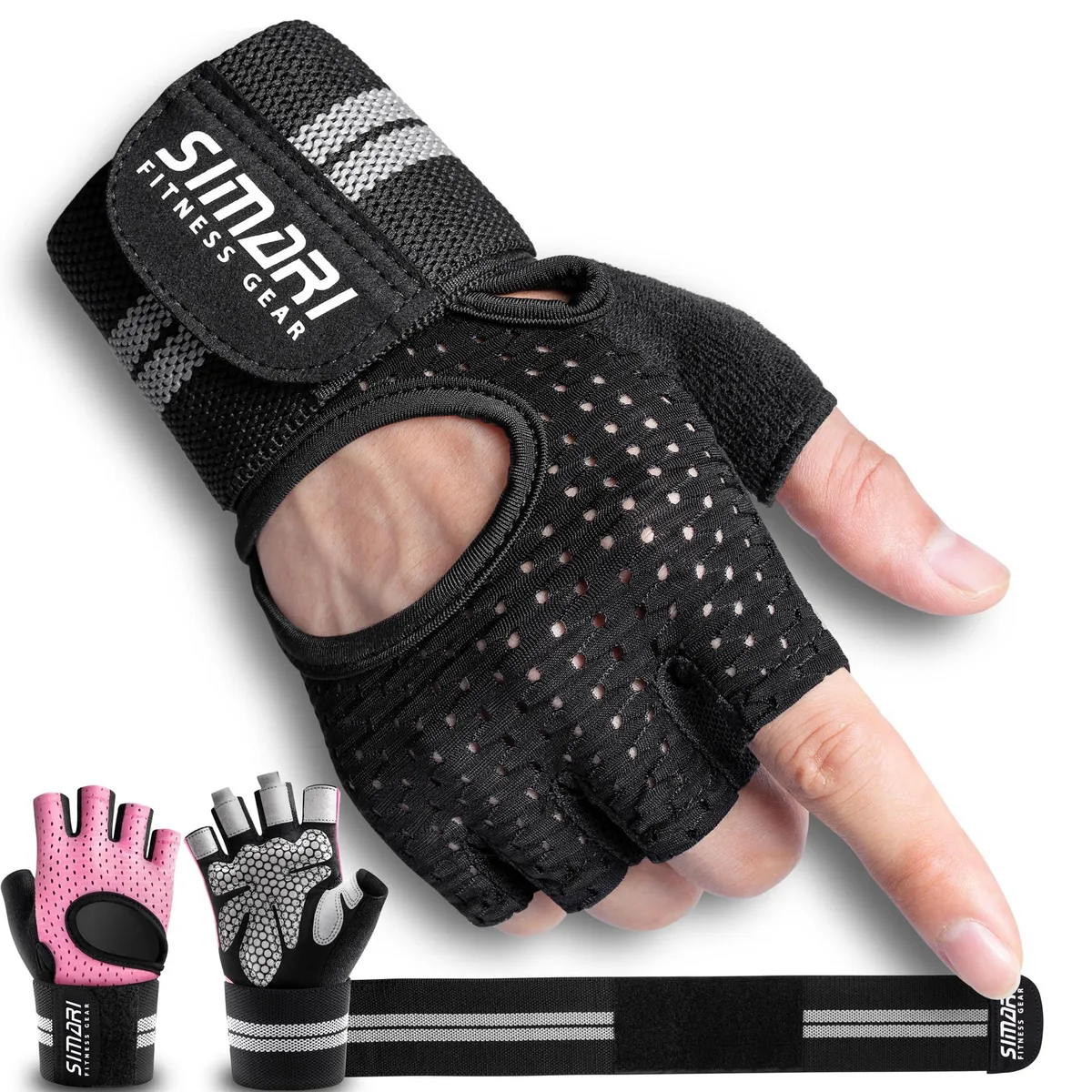 Black fingerless workout gloves with padded palms and wrist wrap straps