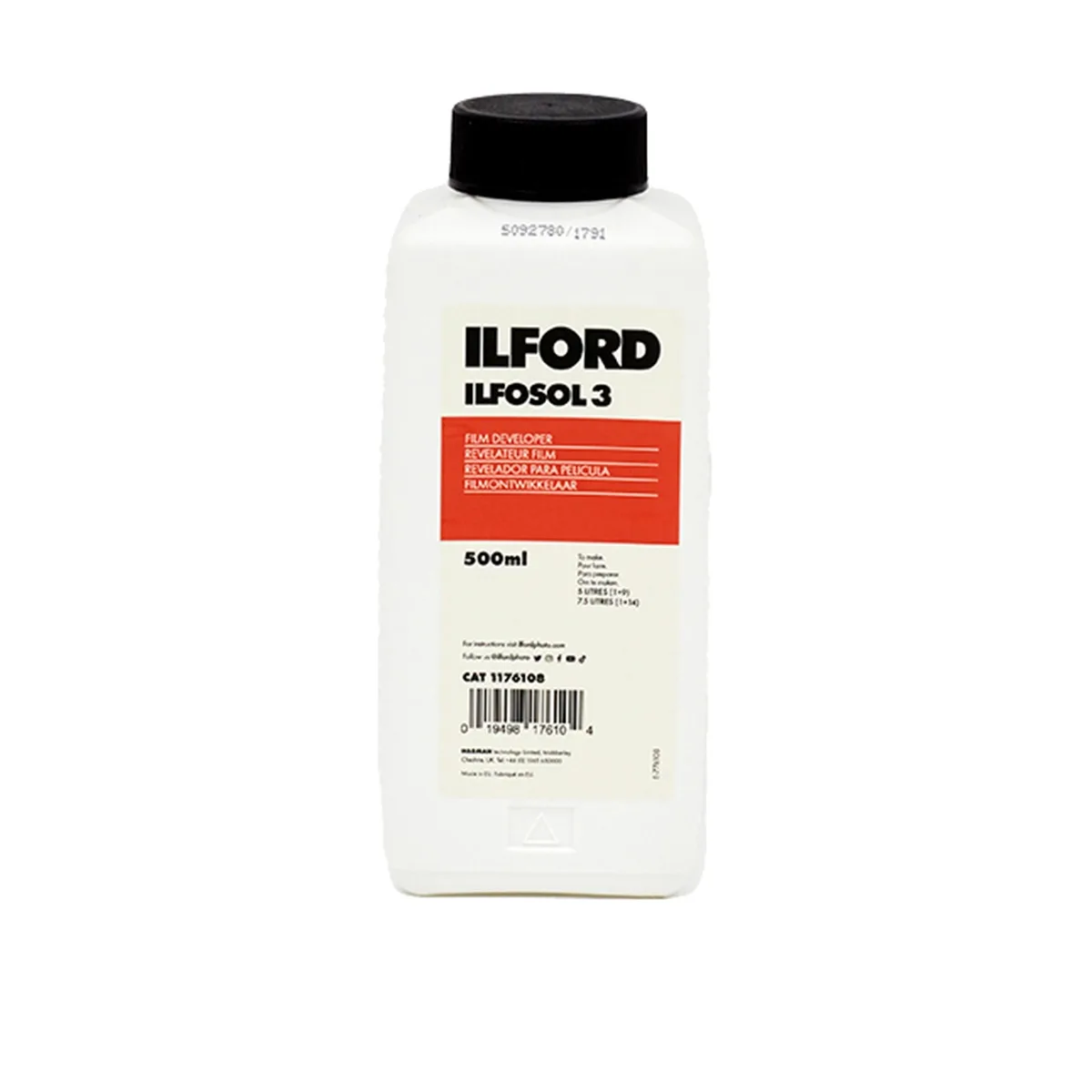 White plastic bottle of Ilford Ilfosol-3 film developer, 500 ml