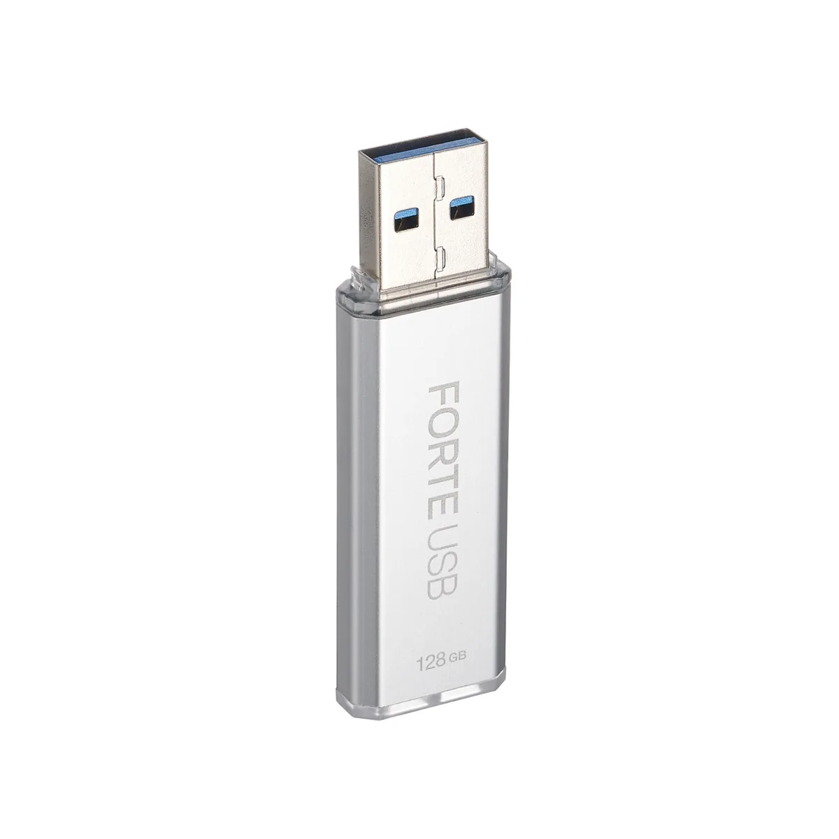 Silver metal USB flash drive, 128 GB capacity