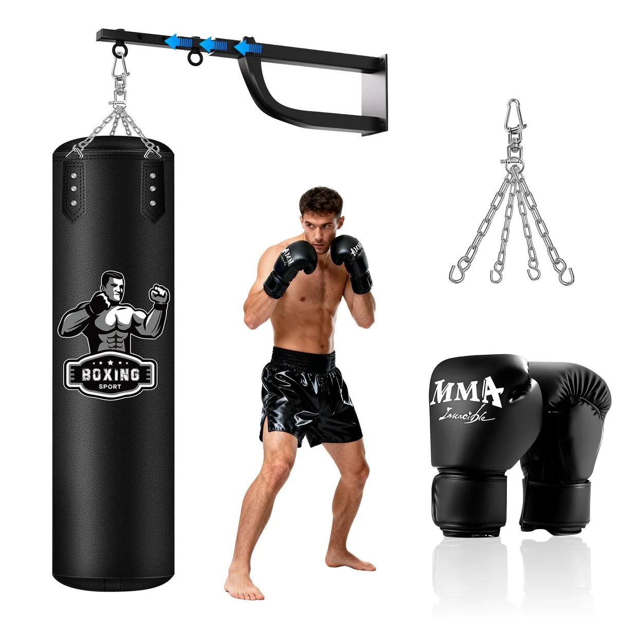 Black 4FT hanging punching bag with adjustable wall mount extending 16.5 to 24 inches, 360° swivel hook, PU leather finish