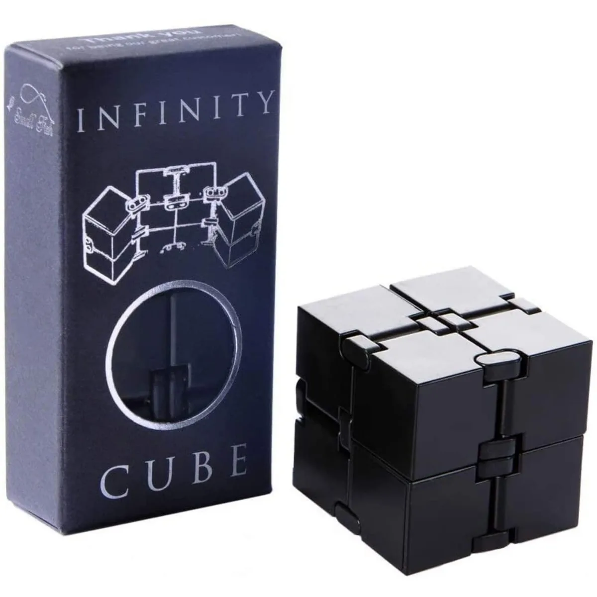 Eight ABS plastic cubes linked by stainless steel hinges, compact handheld fidget toy