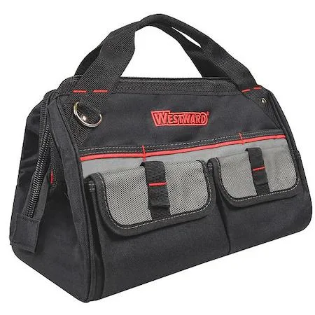 Black polyester tool bag, wide mouth, 21 pockets, reinforced bottom, shoulder strap