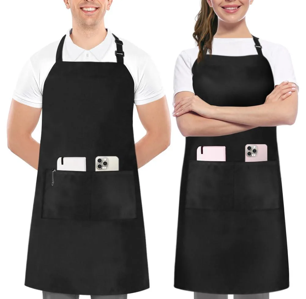 Two black polyester bib aprons with adjustable straps and front pockets