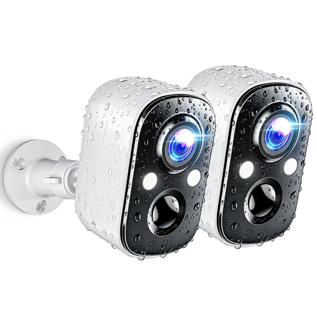 Two white bullet cameras with spotlights, boxed together