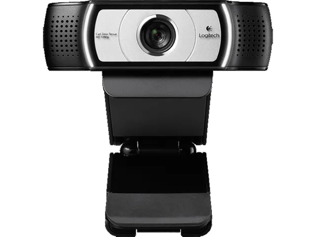 Black Logitech Pro webcam with privacy shutter and dual microphones