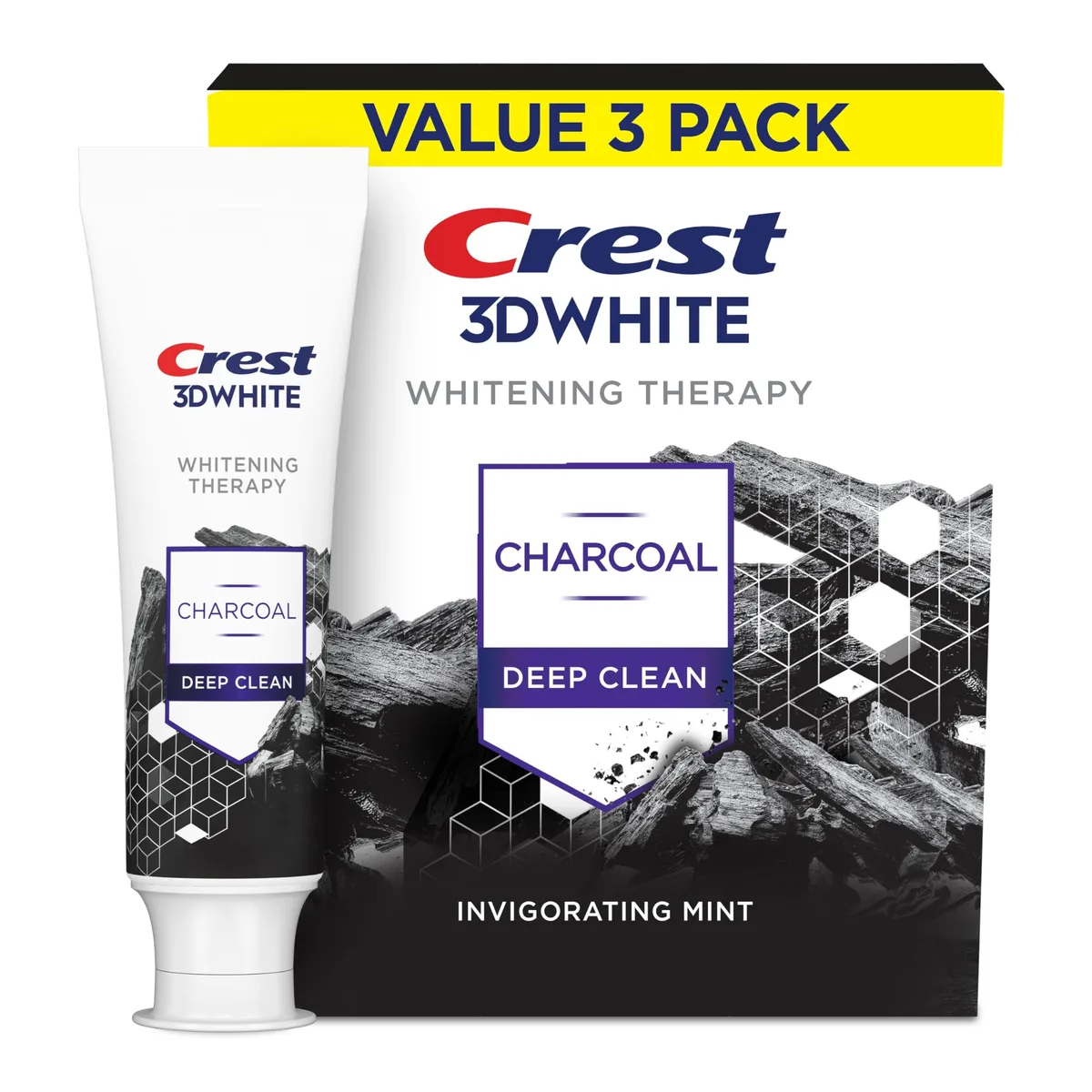 Three black-and-white striped toothpaste tubes in a rectangular pack