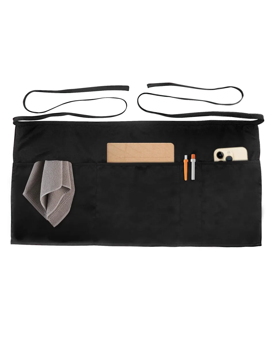 Black waist apron with four deep front pockets, polyester-cotton blend, adjustable side ties