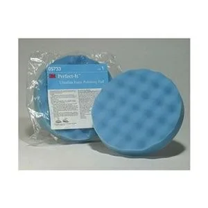 Blue foam polishing pad with waffle texture, 8 inch diameter, hook-and-loop backing