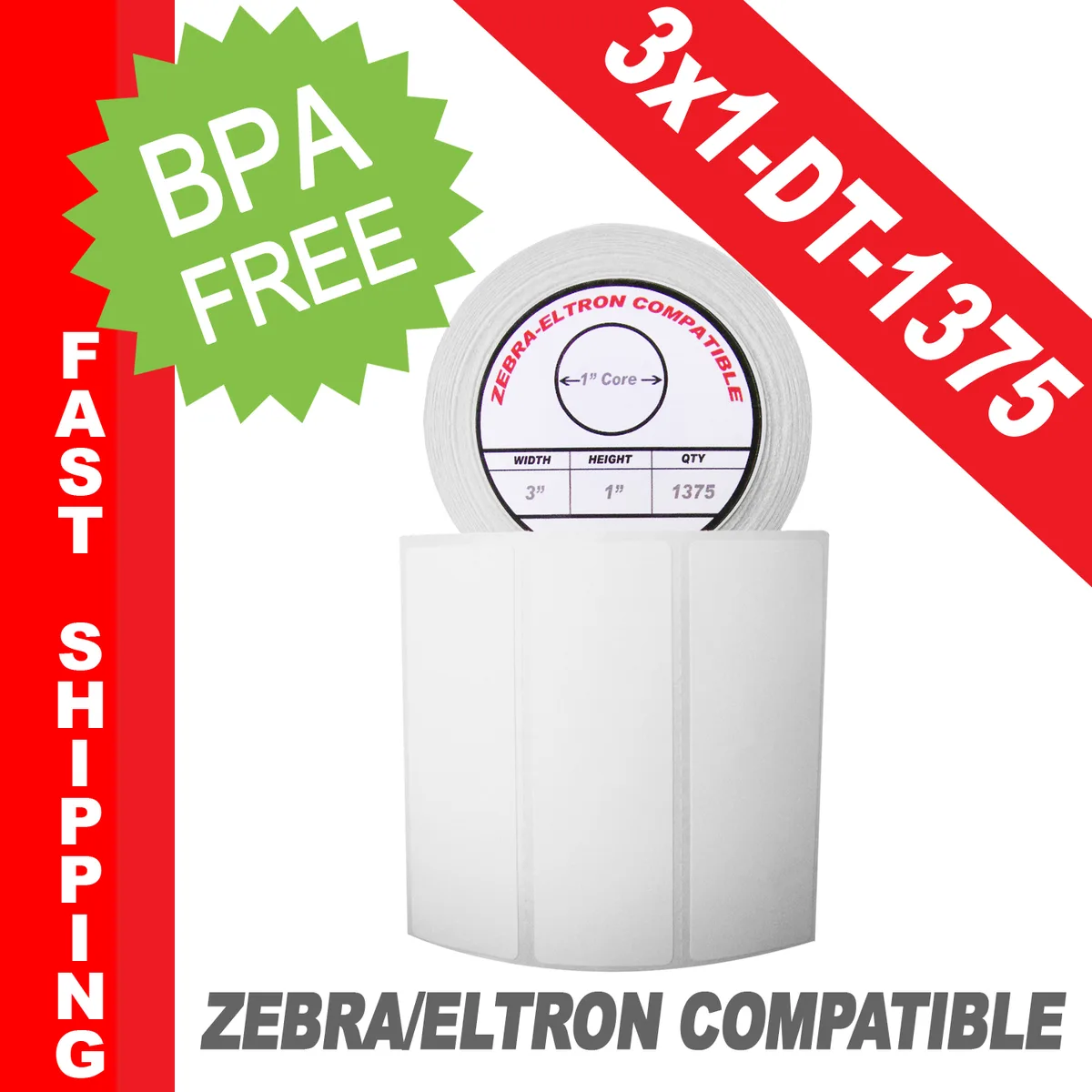 White direct thermal label roll, 1375 labels, 3.5 inch outer diameter