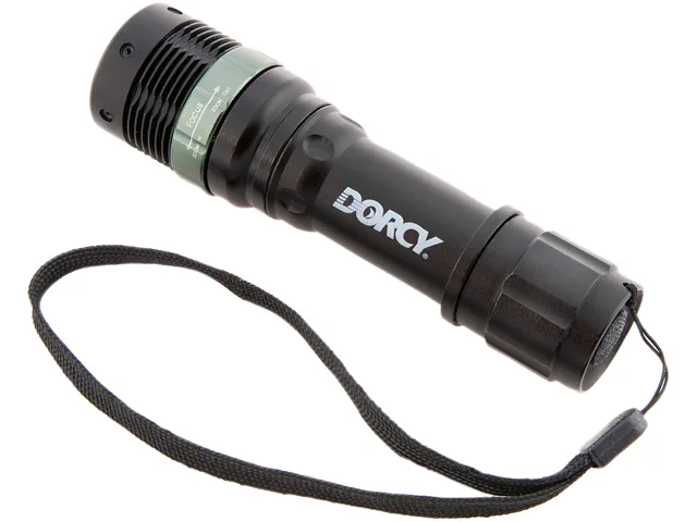 Black aluminum flashlight with twist focus ring and tail switch