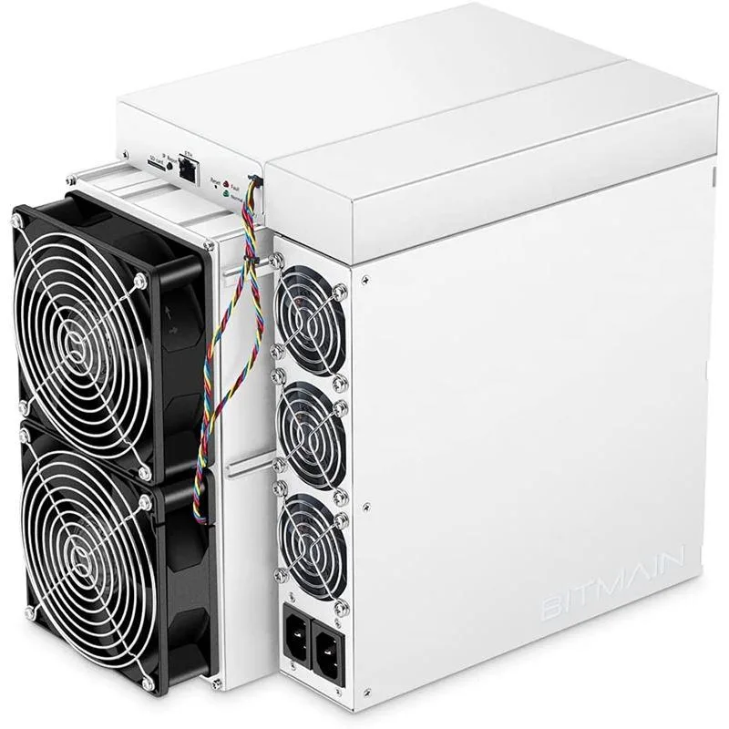 White rectangular Bitcoin miner with dual 12038 cooling fans on front and rear panels