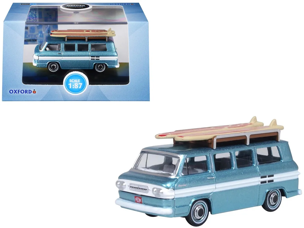 Oxford Diecast Oxford Diecast 1961 Chevrolet Corvair Greenbrier Van Turquoise &amp; Cameo White 1/87 HO Scale Hobby Collectible — product photo