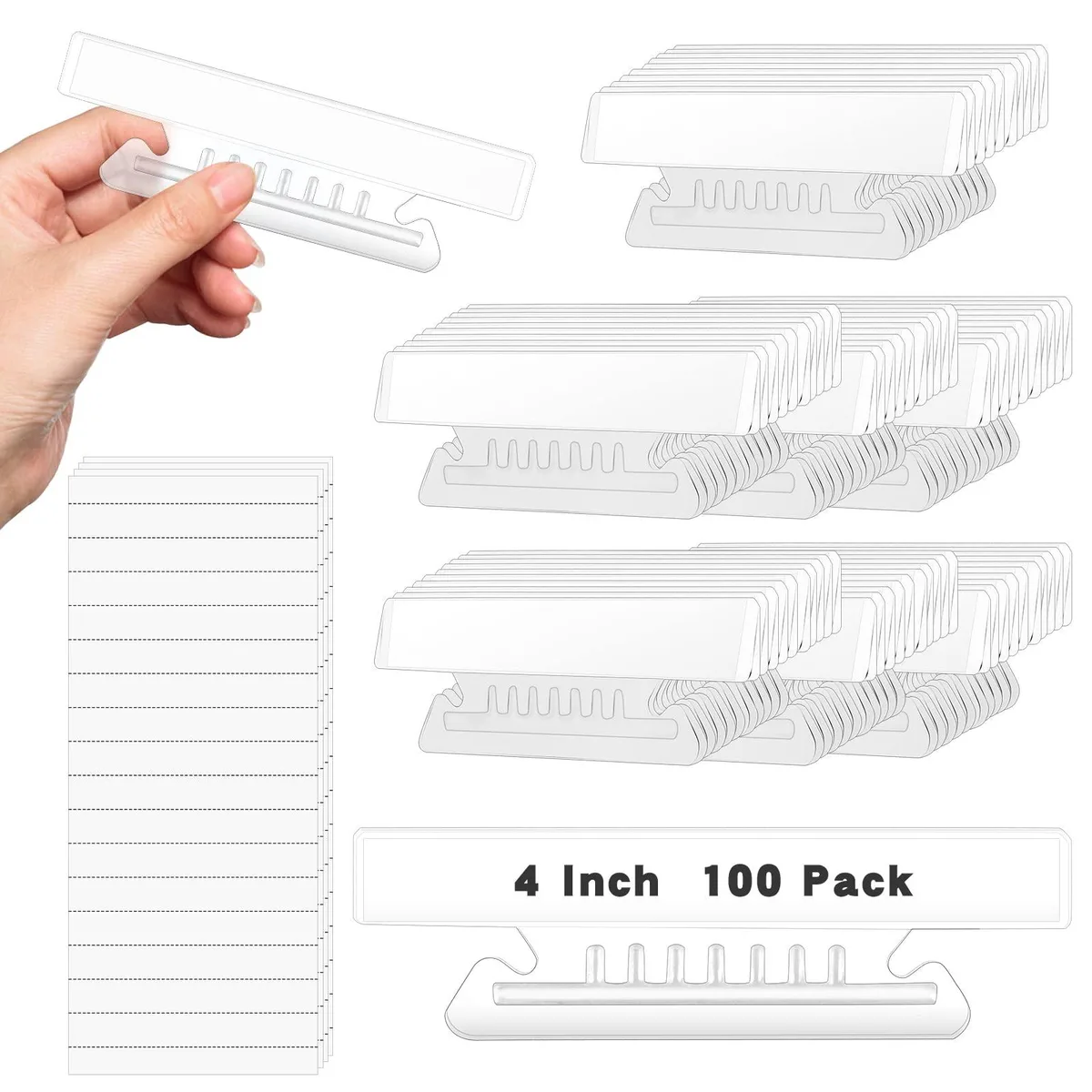 Clear plastic hanging file tabs, 100 pieces, 4 inch, with white inserts
