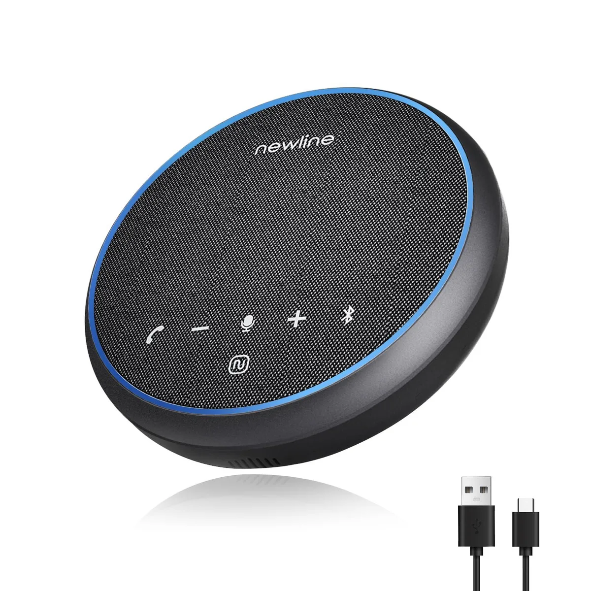 Compact round conference speakerphone in dark grey mesh fabric, 300 g, with top control buttons
