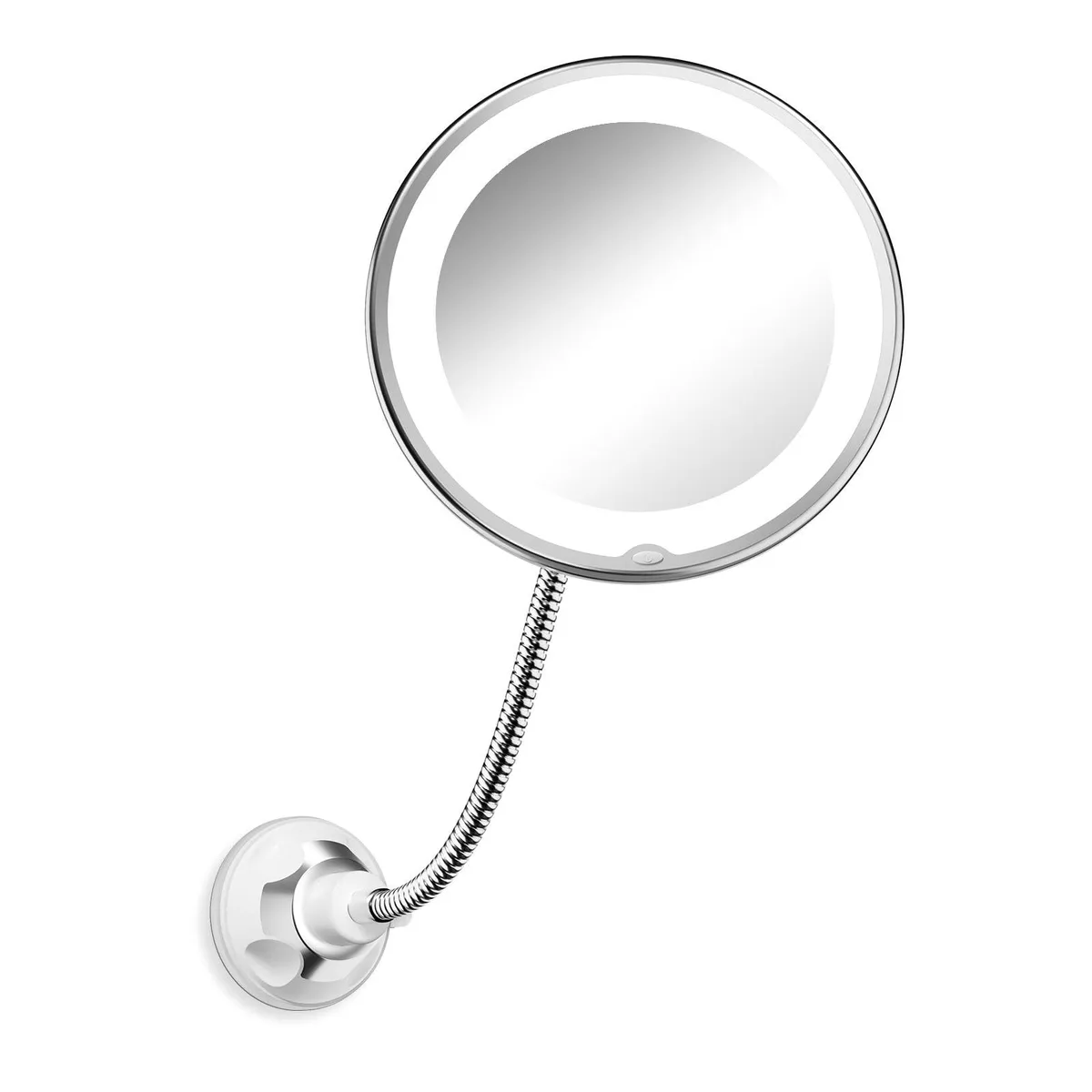 White 10x magnifying mirror with flexible gooseneck and LED light, suction cup base