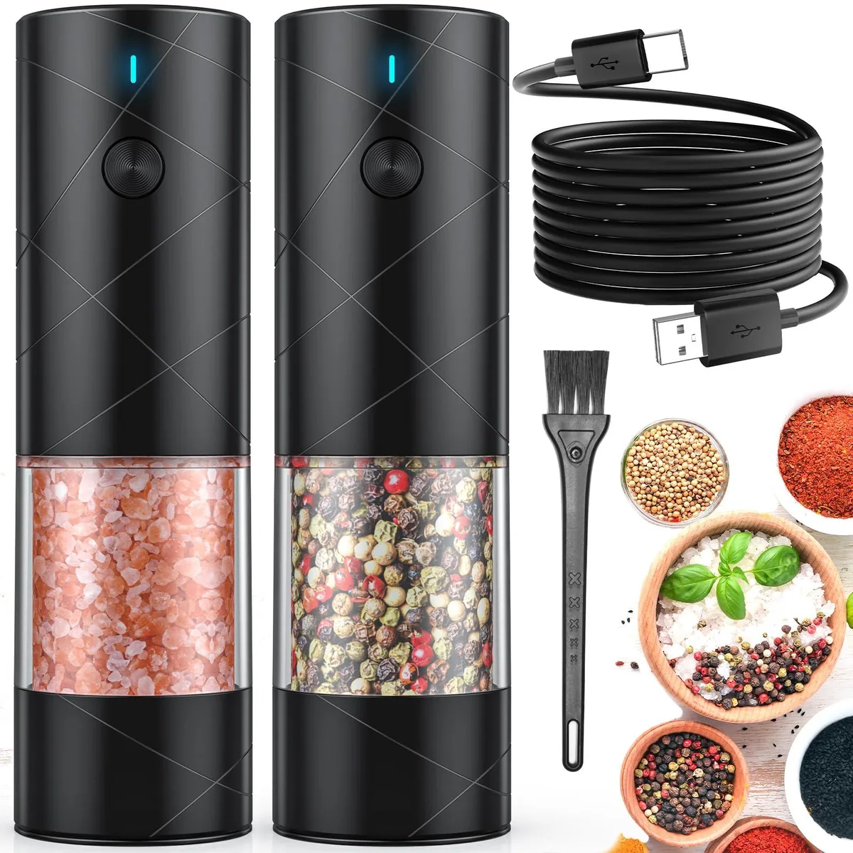 Two black bamboo electric grinders with transparent containers and USB-C charging