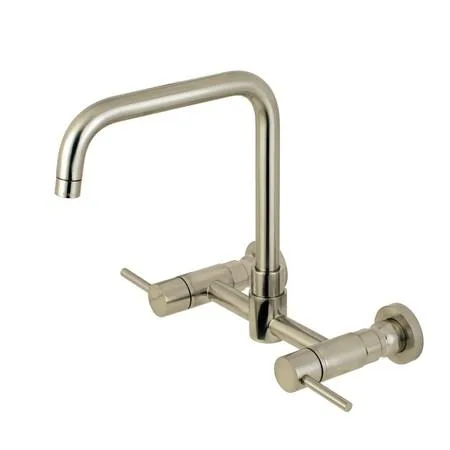 Brushed nickel 8-inch centerset wall-mount kitchen faucet with cylindrical spout and lever handles