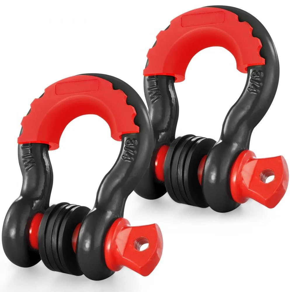 Two black D-ring shackles with red screw pins and washers