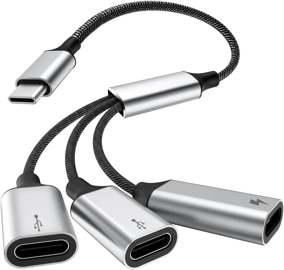 USB-C male to three USB-C female splitter cable, aluminium alloy finish