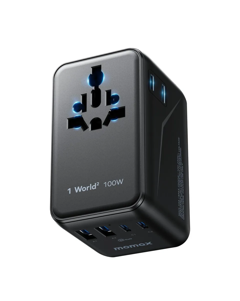 MOMAX Technology Ltd. MOMAX Technology Ltd. 6-in-1 Universal Travel Adapter 100W GaN 2 AC 2 USB-C 2 USB-A Black — product photo