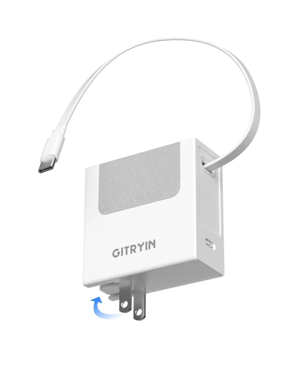 White rectangular USB-C wall charger with foldable plug and built-in 33.5in retractable cable