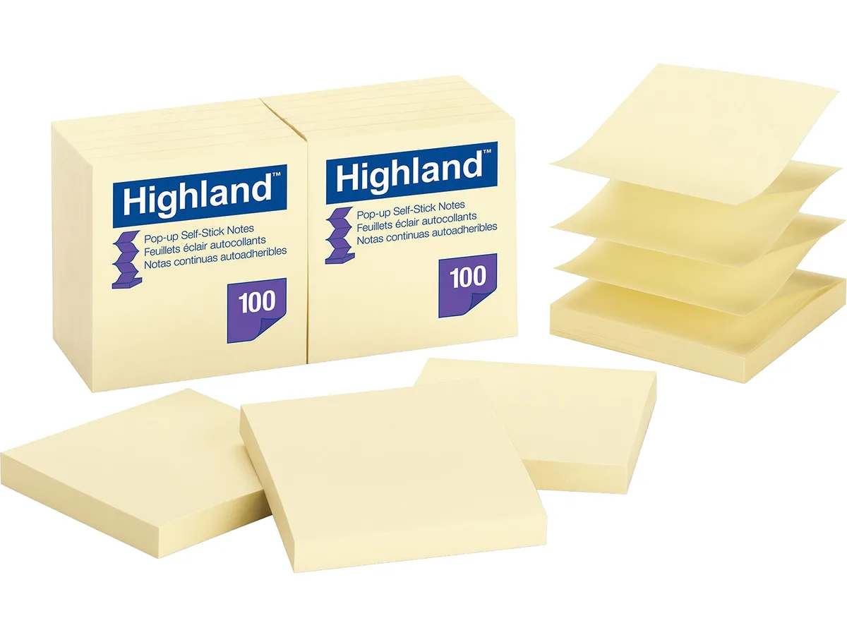A box of twelve yellow pop-up sticky note pads, each containing one hundred sheets