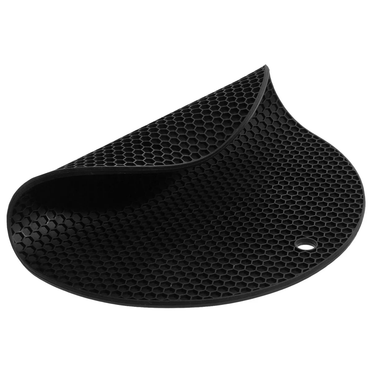 Black round silicone mat, 9.25 inches wide with raised honeycomb pattern, thin flexible disc