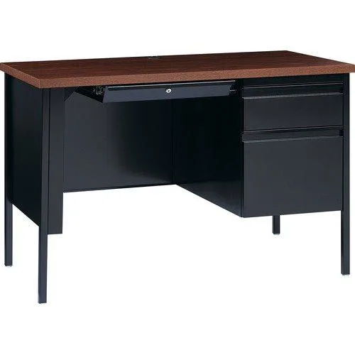 Rectangular steel desk with right pedestal, walnut laminate top, black frame