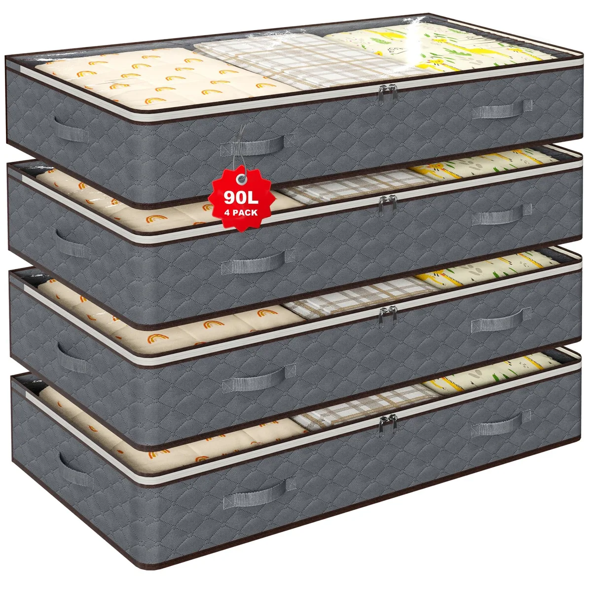 Four grey fabric under-bed storage bins with transparent top windows