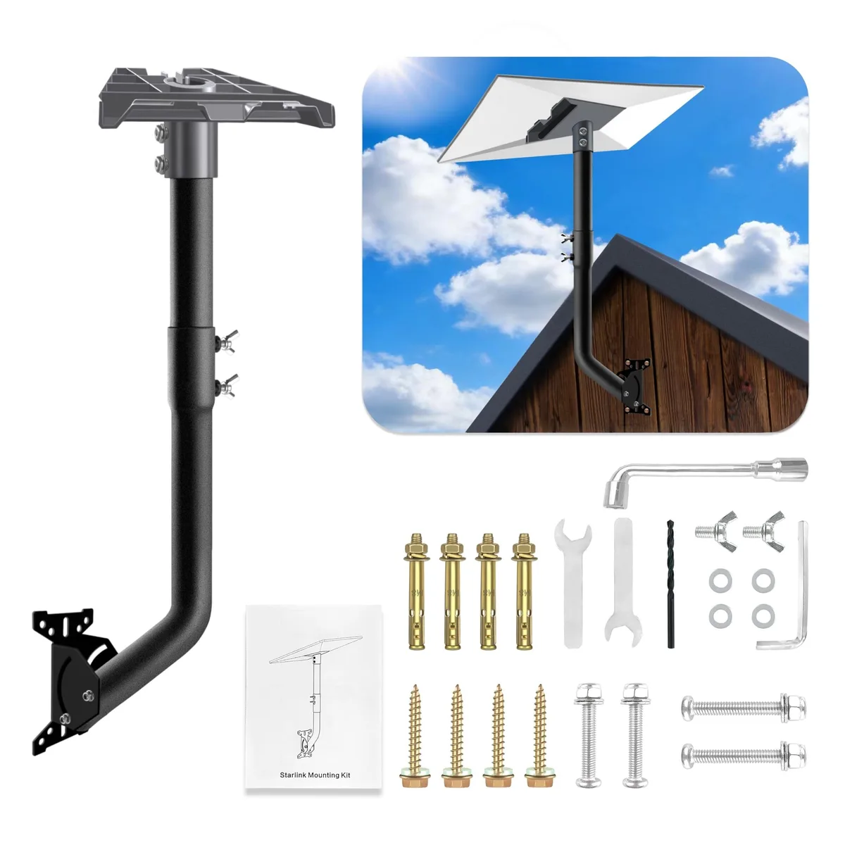 Black powder-coated steel Starlink Gen 3 mount with telescoping arm and pipe adapter