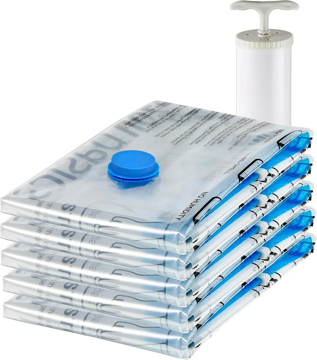 Five sky blue rectangular vacuum storage bags with zipper closures and valve, plus hand pump