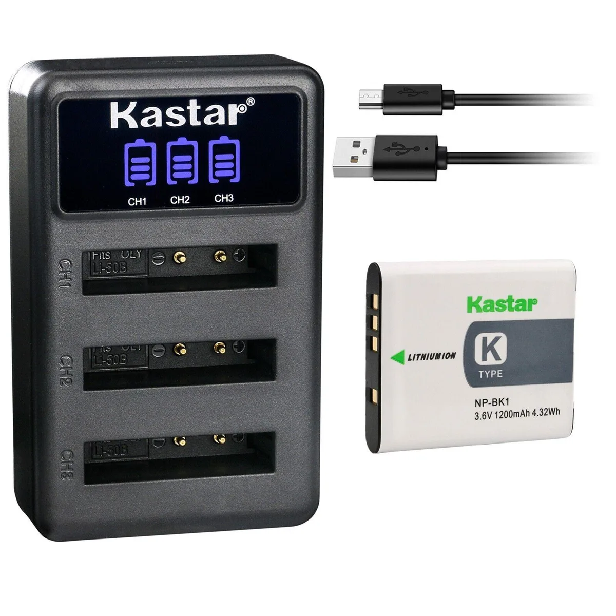 Kastar Kastar NP-BK1 battery and LCD triple USB charger — product photo