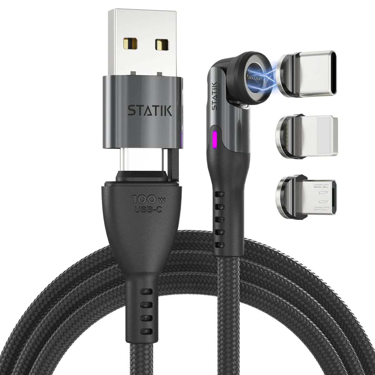 Orange magnetic USB-C cable with three swappable tips and rotating right-angle head