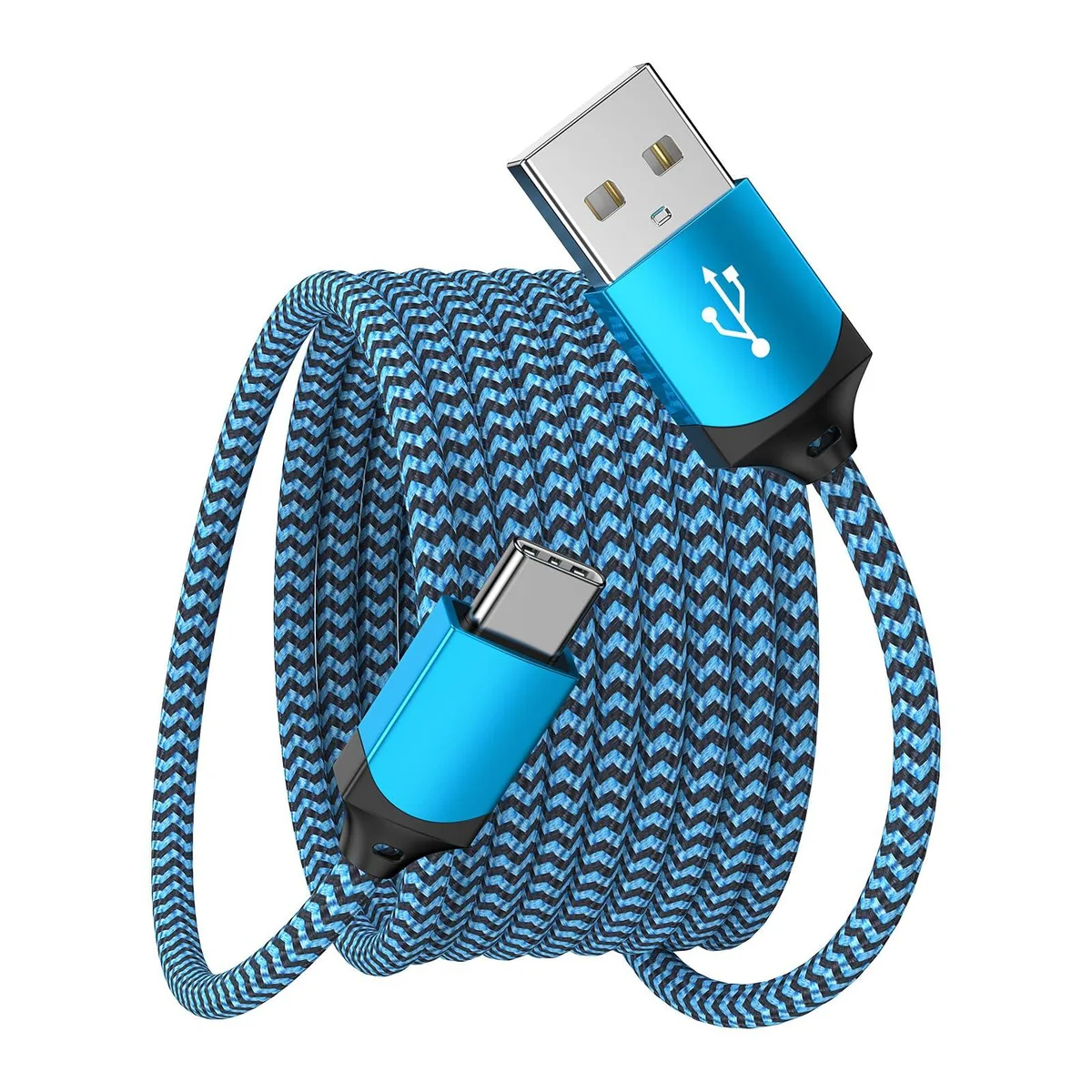 Blue USB-A to USB-C cable, six feet long, nylon braided jacket, male connectors at both ends