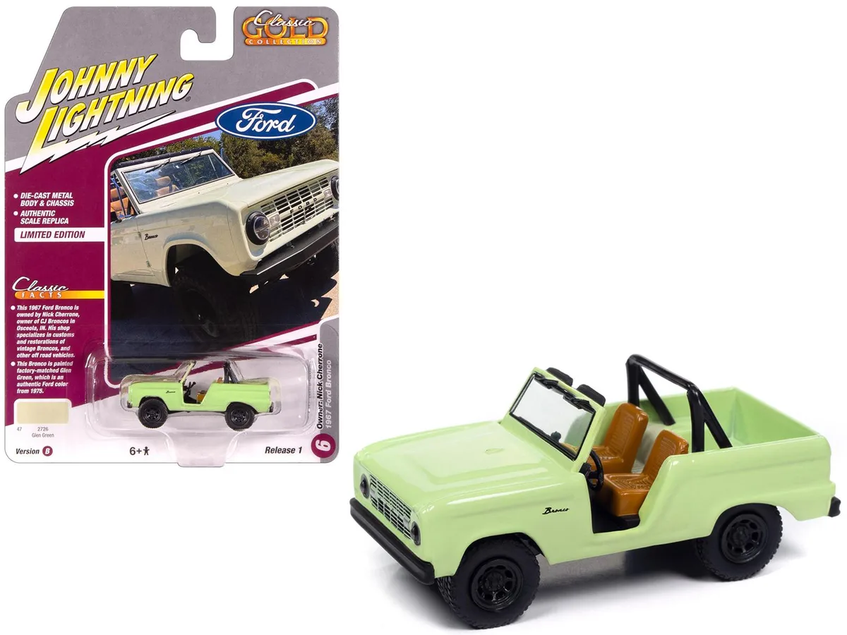 JOHNNY LIGHTNING JOHNNY LIGHTNING 1967 Ford Bronco "Nick Cherrone" Glen Green "Classic Gold Collection" 1/64 hobby collectible — product photo