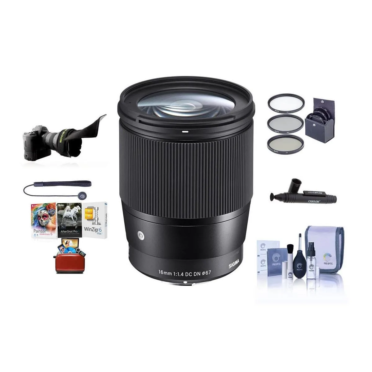 Black Sigma 16mm f/1.4 lens for Micro Four Thirds with 67mm filter kit and accessories