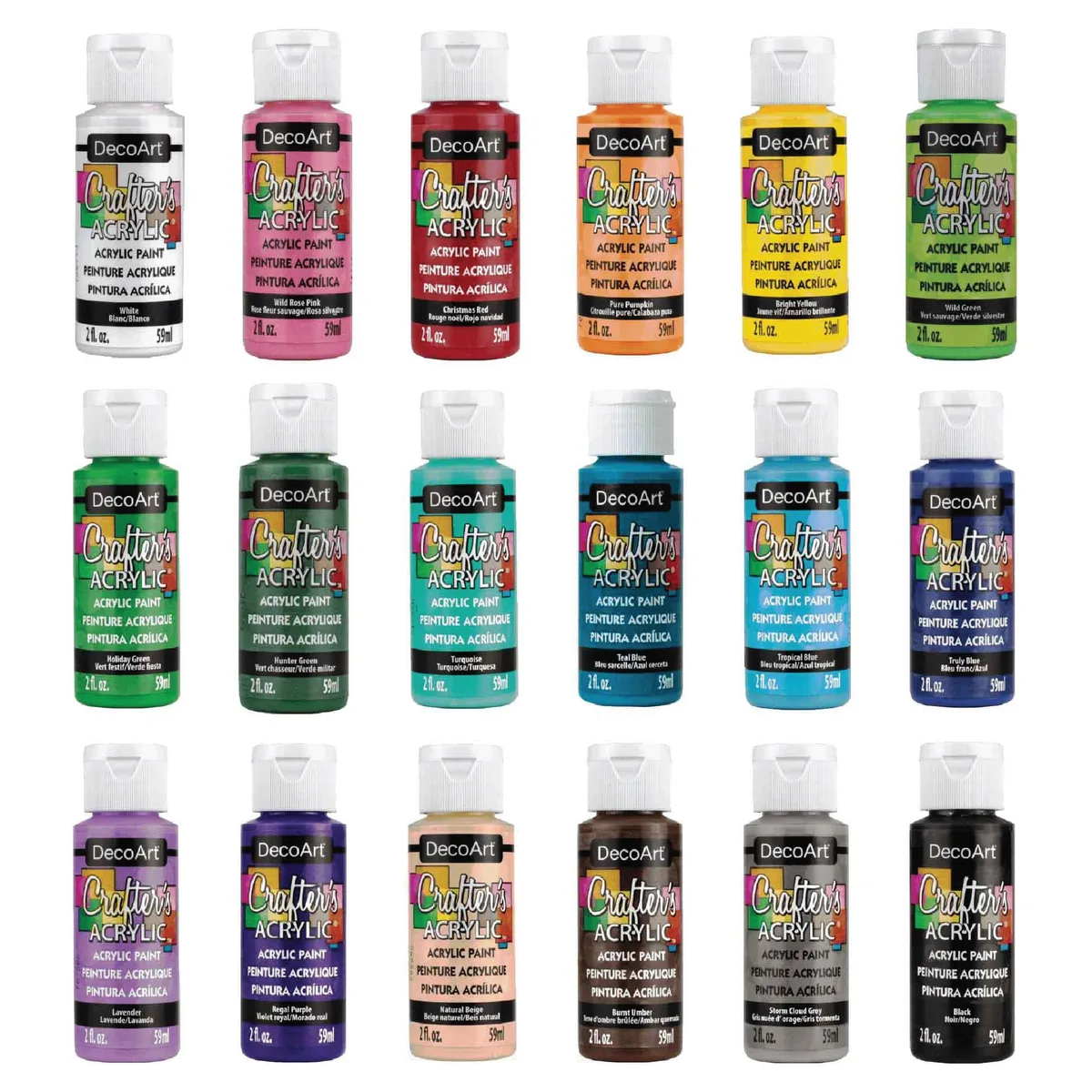 None Continuous None Continuous DecoArt Crafters Acrylic Paint Set 18 Bottles 2 fl oz 36 Fl Oz Matte Finish DASK735-W — product photo