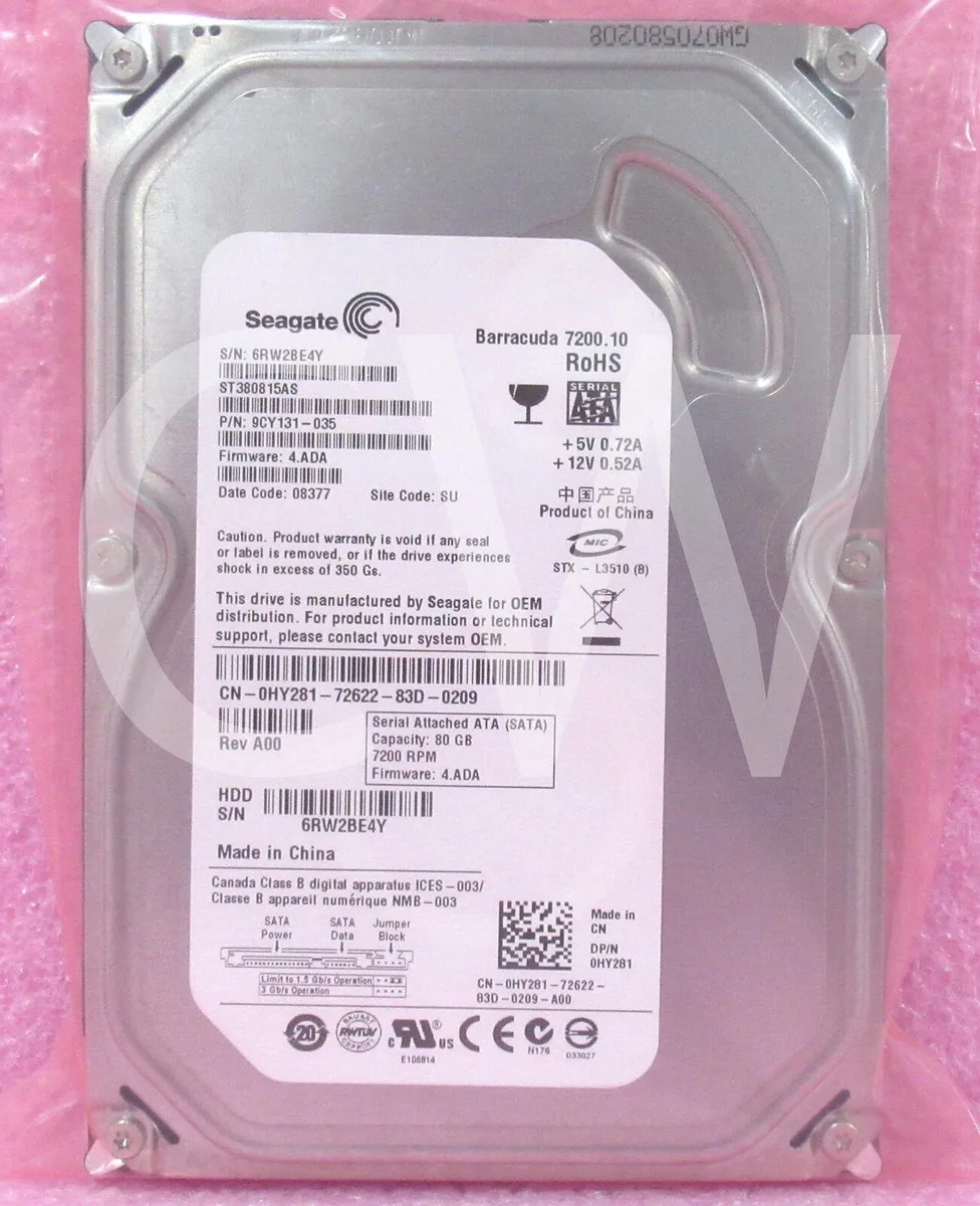 DELL DELL HY281 0HY281 ST380815AS 80GB 7.2K RPM 3Gb/s 3.5" SATA internal hard drive — product photo