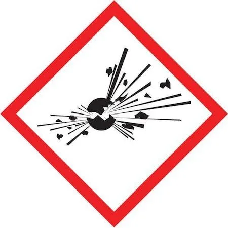 White square polyester label with exploding bomb symbol on roll