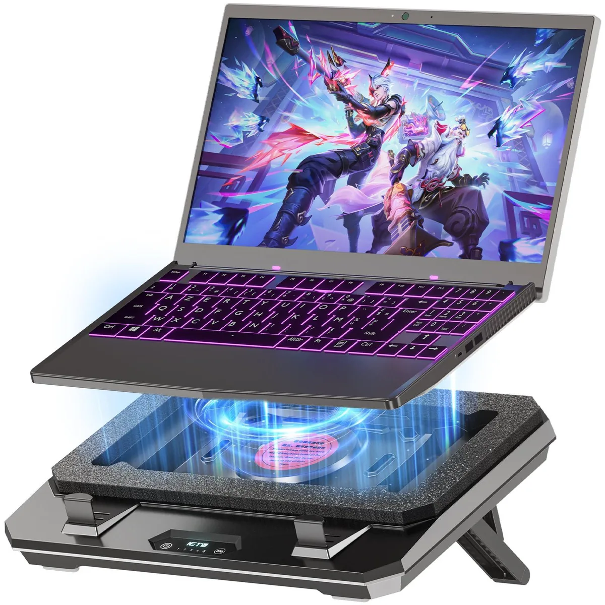 Blue laptop cooling pad with three fans, adjustable stand and air filter intake
