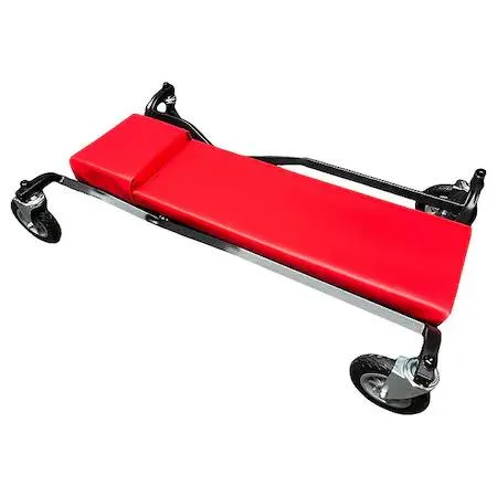 Red steel creeper 40 in long 24 in wide 600 lb capacity six inch casters adjustable padded headrest