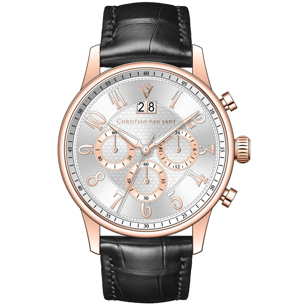 Silver dial quartz watch with stainless steel case and leather strap