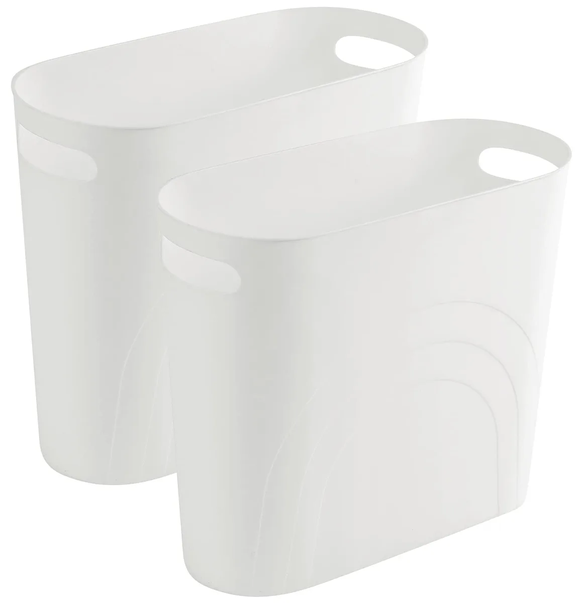 Twelve slim white plastic 3.5 gallon bins with built-in handles