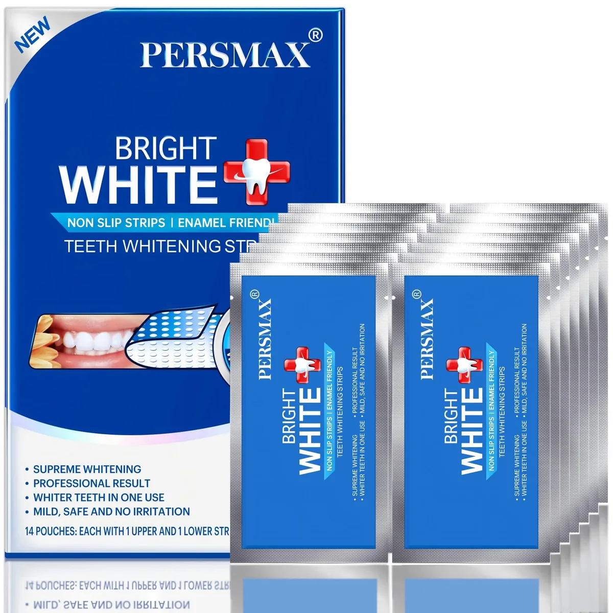 Rectangular white box containing 28 mint whitening strips for 14 treatments