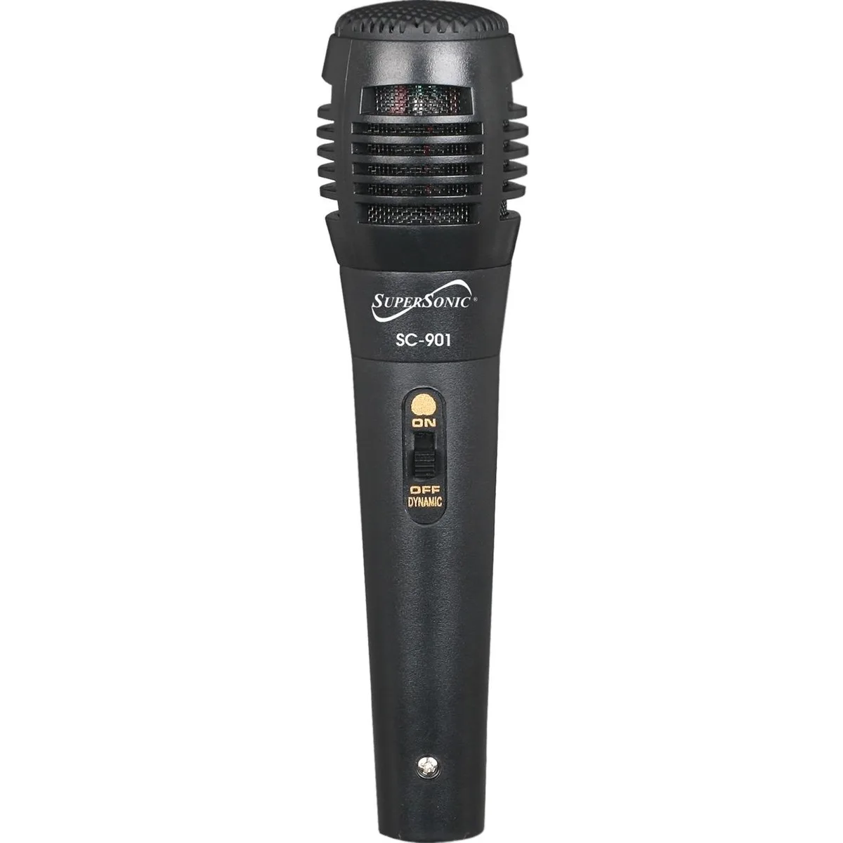 Black dynamic vocal microphone with mesh grille and on/off switch