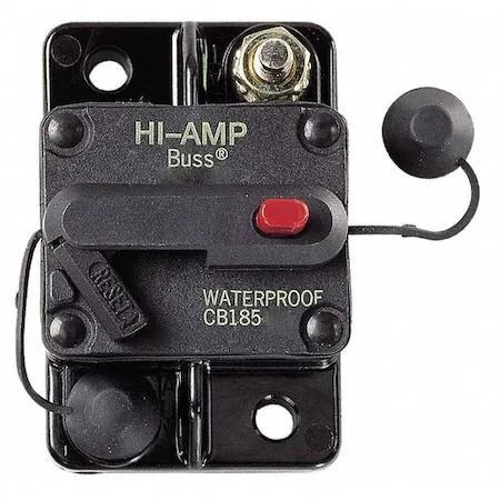 Rectangular black thermoplastic hi-amp breaker with two silver stud terminals and a small push-to-trip button