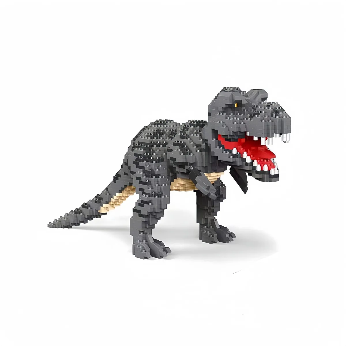 Grey plastic T-Rex built from 1500 micro mini blocks on display