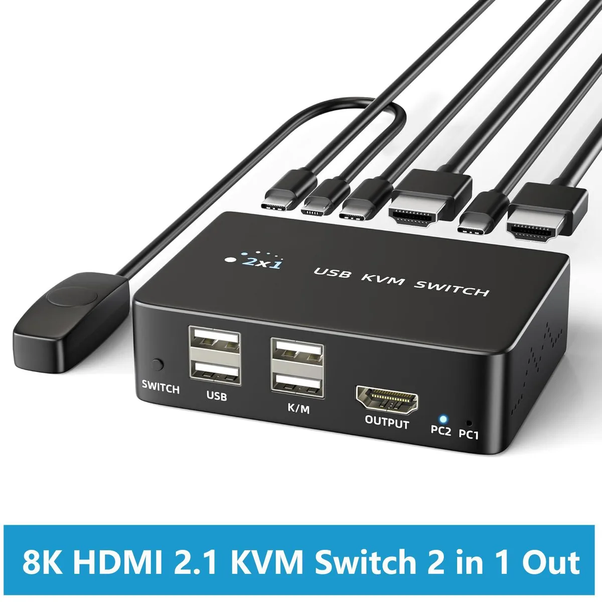 WRIARICH WRIARICH 8K@60Hz HDMI 2.1 KVM Switch 2 Computers 1 Monitor 4 USB 2.0 Ports Wired Remote — product photo