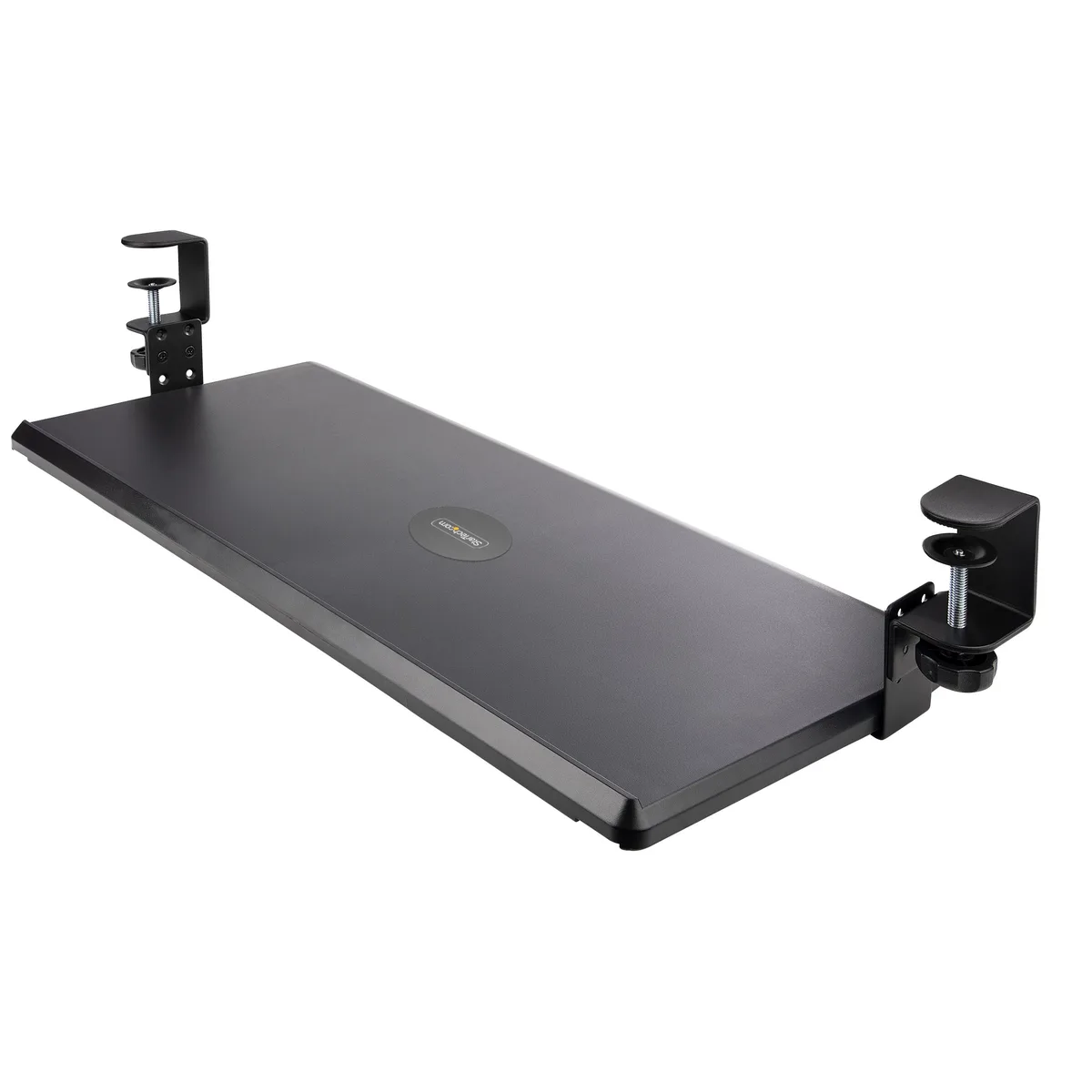 Black under-desk keyboard tray with clamp mount and three height options up to 26